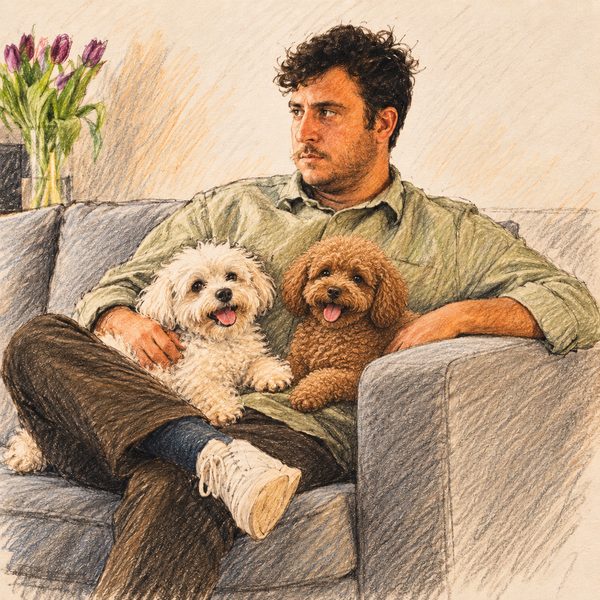 Ilustración de Marcos en el sofá con sus dos perros, Telmo y Tobi